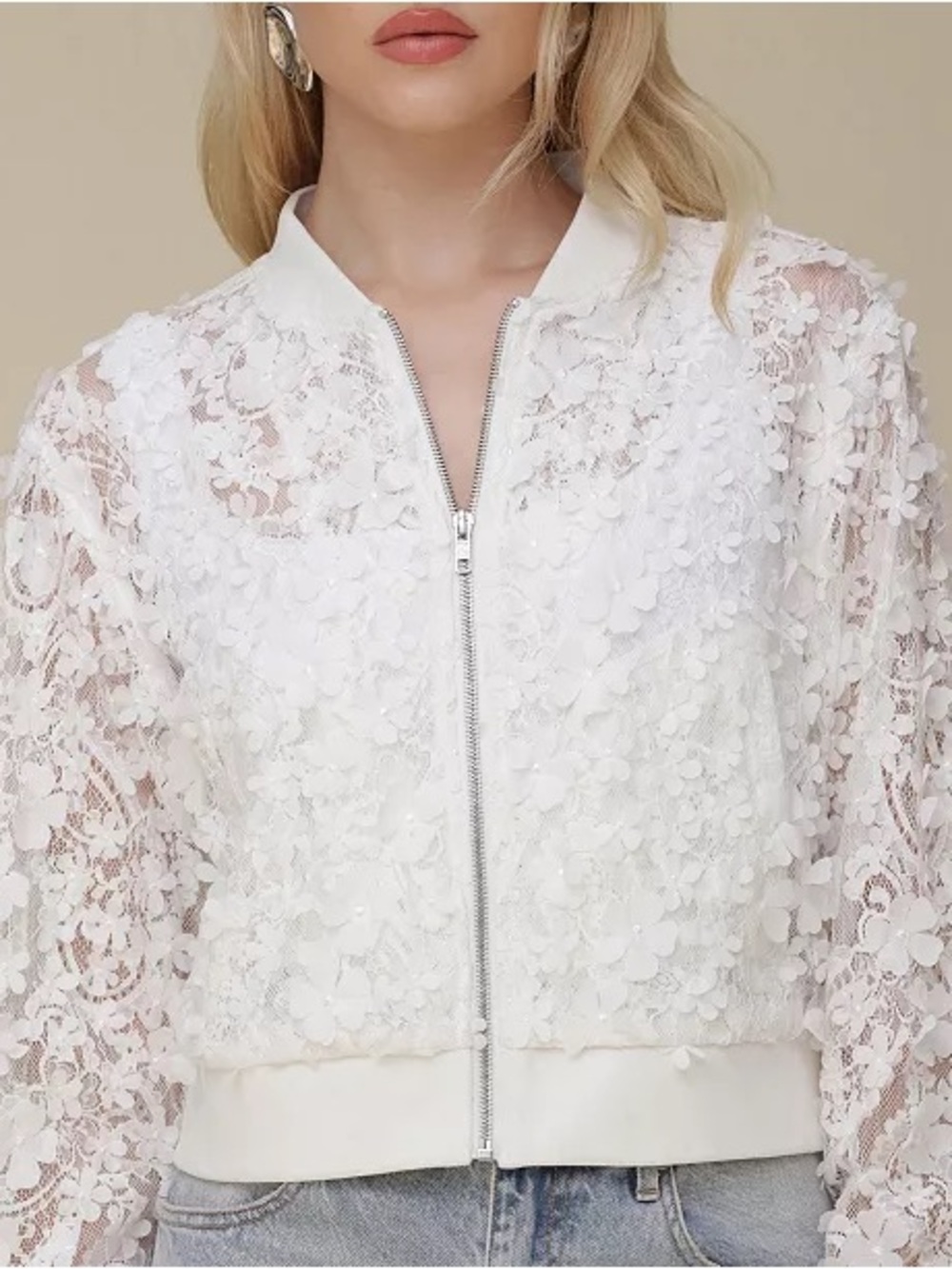 Avec Les Filles White Floral Lace Bomber Jacket NWT